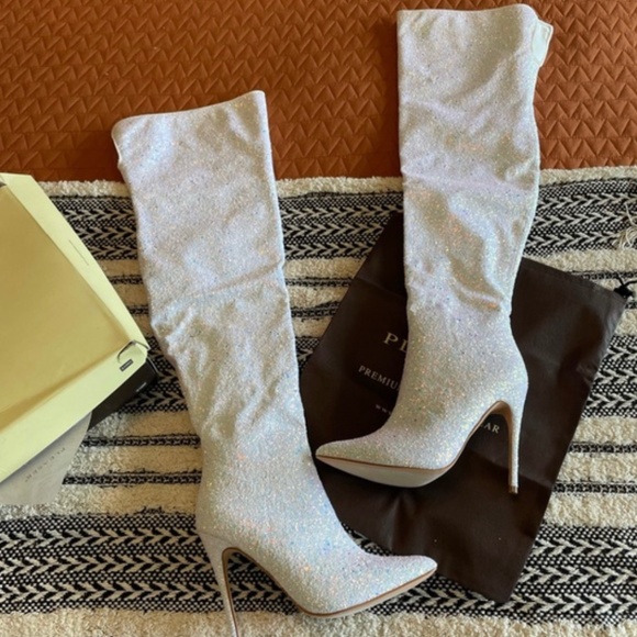 pleaser arctic court order thigh high boots holo holo silver size 7 - Picture 1 of 5